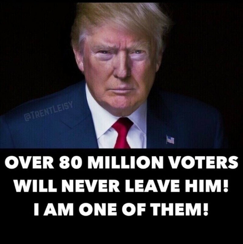 Portrait of a serious-looking man with blonde hair, wearing a dark suit and red tie, positioned above text reading, "OVER 80 MILLION VOTERS WILL NEVER LEAVE HIM! I AM ONE OF THEM!"