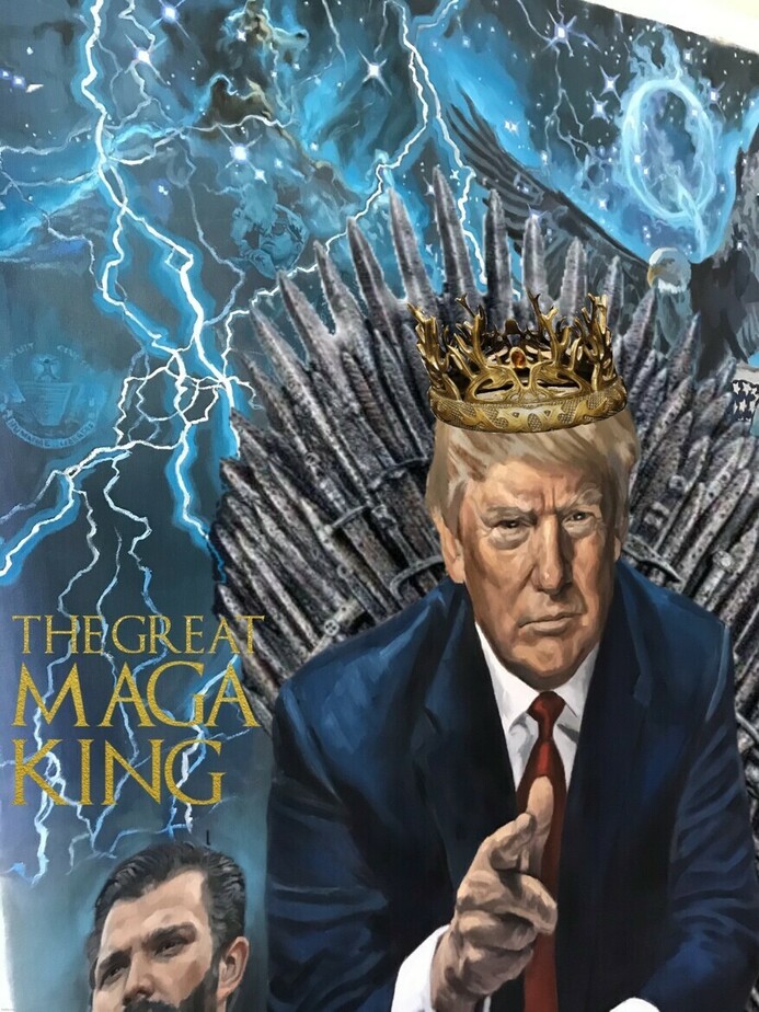 A painting featuring a man resembling Donald Trump wearing a crown and seated on an iron throne, reminiscent of "Game of Thrones." The background is a dynamic mixture of blue lightning and stormy skies. To the left, the text "THE GREAT MAGA KING" is prominently displayed in gold letters. Another figure is visible in the lower left corner of the painting.