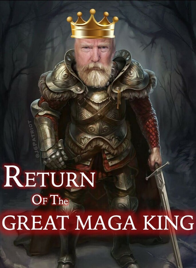 Elderly man with a white beard and a stern expression wearing medieval knight armor and a golden crown in front of a dark forest background. He is holding a sword in one hand. Text in the image reads "RETURN OF The GREAT MAGA KING."
