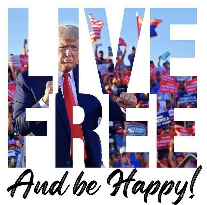 "Live Free And be Happy!" text overlaid on an image of a person in a suit standing with a crowd holding American flags and signs.
