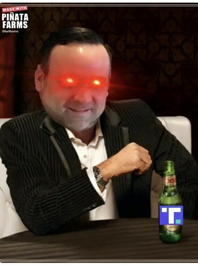 A man with glowing red eyes, wearing a black suit, sitting at a table with a green beer bottle. The image has "MADE WITH PIÑATA FARMS" text in the top left corner.