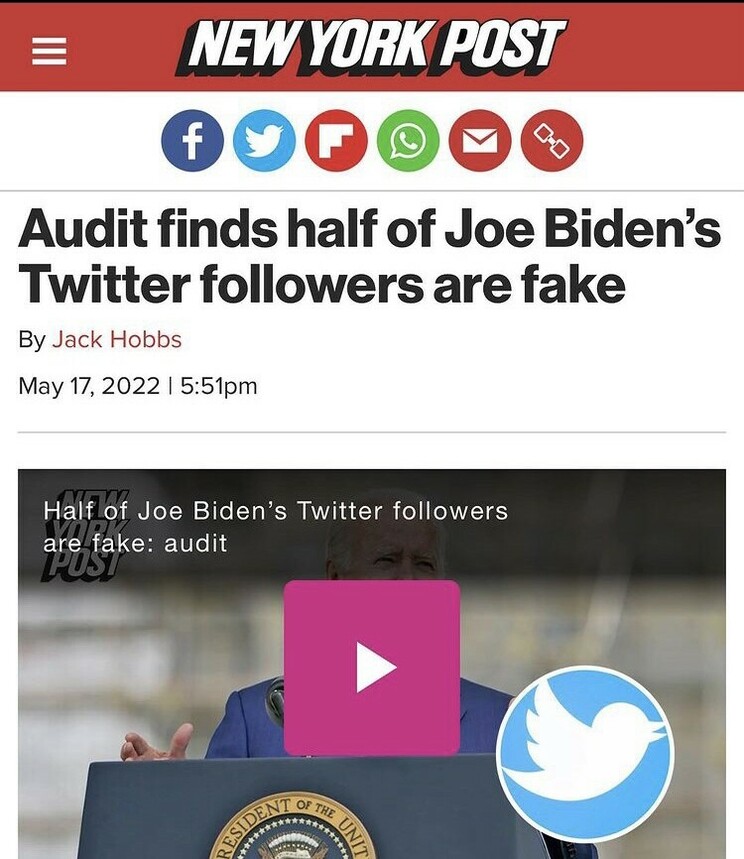 New York Post article headline: "Audit finds half of Joe Biden's Twitter followers are fake" by Jack Hobbs, dated May 17, 2022, 5:51 pm. The article features social media sharing icons and an image of President Joe Biden with a play button overlay and the Twitter logo.