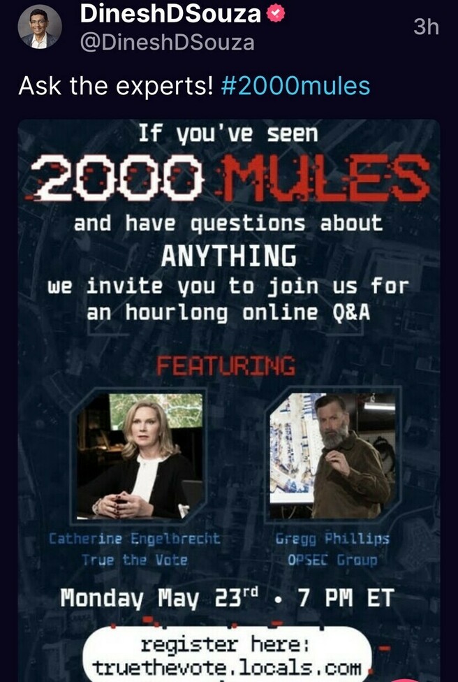 Dinesh D'Souza tweet promoting an online Q&A event about the film "2000 Mules" featuring Catherine Engelbrecht from True the Vote and Gregg Phillips from OPSEC Group. The event is scheduled for Monday, May 23rd, at 7 PM ET, with a registration link to truethevote.locals.com.