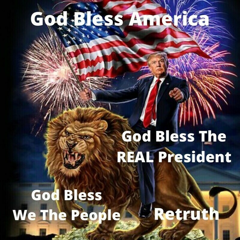 Donald Trump riding a lion with the American flag in hand, fireworks in the background, and text that reads "God Bless America," "God Bless The REAL President," "God Bless We The People," and "Retruth."