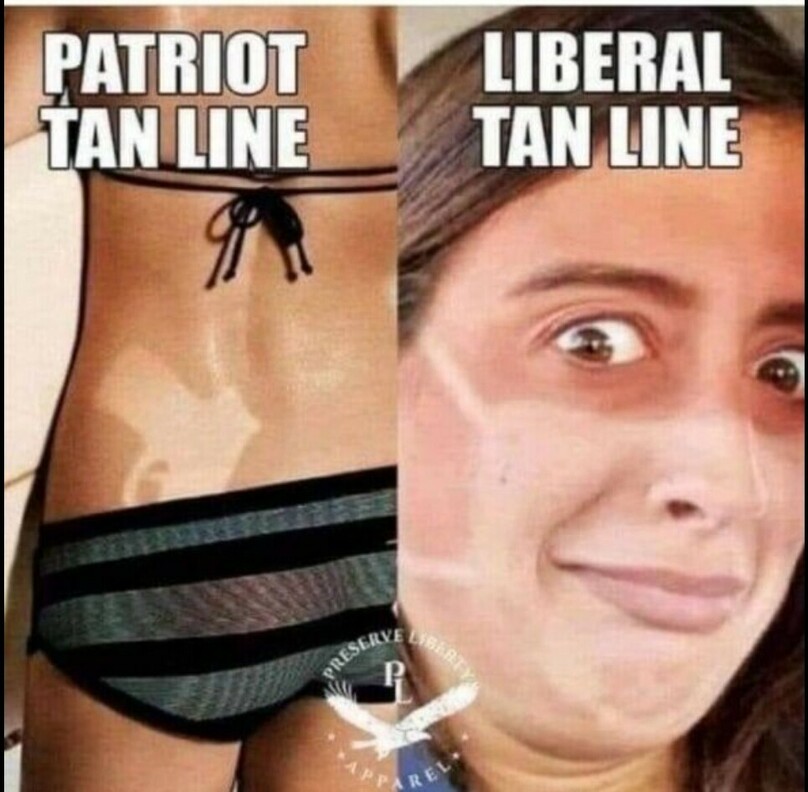 Split image with two contrasting tan lines labeled "Patriot Tan Line" showing a white shape on a person's back and "Liberal Tan Line" showing white areas around a person's eyes in the shape of protective eyewear. Text at the bottom: "Preserve Liberty Apparel" with the logo of an eagle and the letter "P".