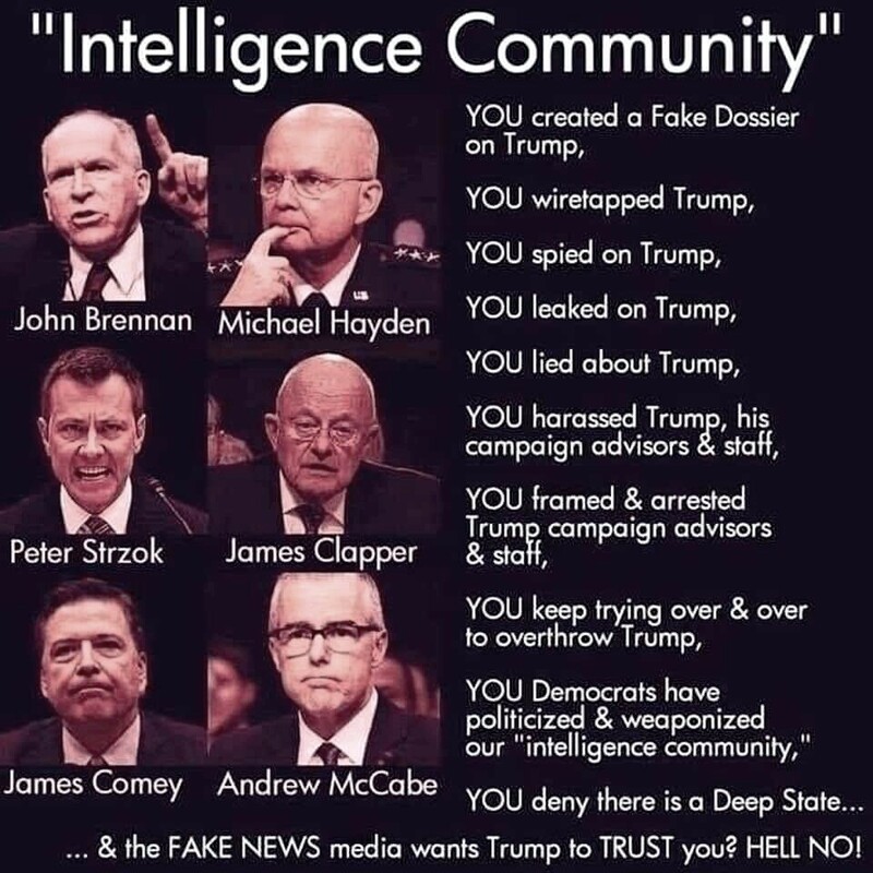 Collage of six men labeled "Intelligence Community" with individual names John Brennan, Michael Hayden, Peter Strzok, James Clapper, James Comey, Andrew McCabe. Text to the right of the men accuses them of various actions against Trump, including creating a fake dossier, wiretapping, spying, leaking, lying, harassment, framing, and attempting to overthrow him. The text also claims Democrats politicized the intelligence community, denies the existence of a Deep State, and questions why the media wants Trump to trust them. The accusatory statements are capitalized for emphasis.