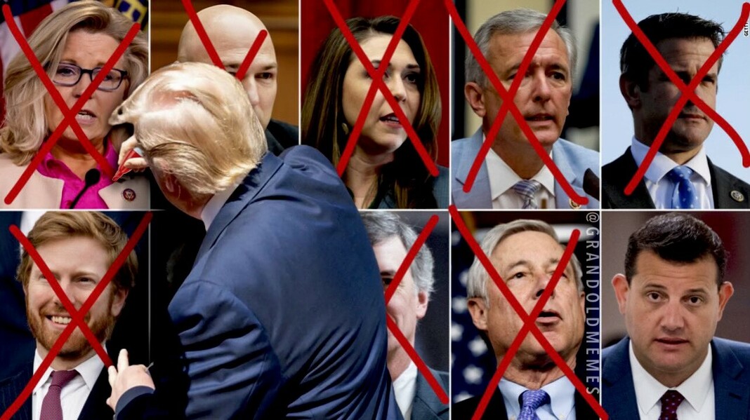 Collage of nine people with red crosses overlaid on eight of them, with the central image depicting a man with a distinctive hairstyle interacting with another man. The image indicates separation or exclusion of the individuals with red crosses. The source is credited to @GRANDOLDMEMES in the bottom-right corner.