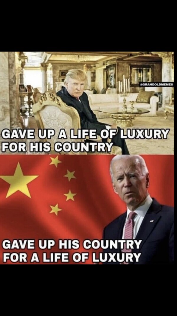 Meme featuring two images comparing two men. The top image shows a man sitting in a luxurious room with the text "GAVE UP A LIFE OF LUXURY FOR HIS COUNTRY." The bottom image shows another man in front of a Chinese flag with the text "GAVE UP HIS COUNTRY FOR A LIFE OF LUXURY." The meme is tagged with the handle @GRANDOLDMEMES.