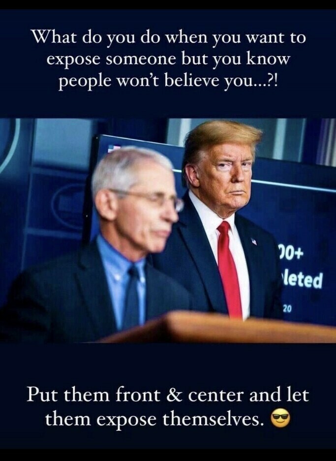 Two men stand at a podium during a press conference. The man in the foreground is blurred, while the one in focus is looking directly at the camera with a serious expression. Above them, text reads, "What do you do when you want to expose someone but you know people won't believe you?!" Below them, text reads, "Put them front & center and let them expose themselves," followed by a sunglasses emoji.
