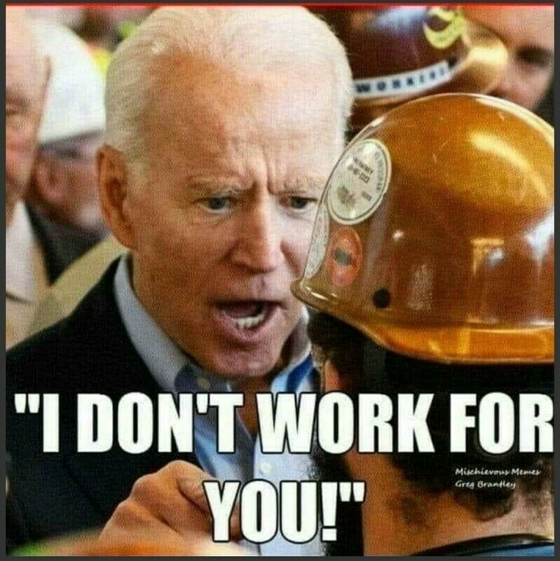 A visibly upset man wearing a dark suit and light blue dress shirt, appearing to shout, is positioned closely in front of a person wearing a hard hat with various stickers. Bold white text at the bottom reads "I DON'T WORK FOR YOU!"