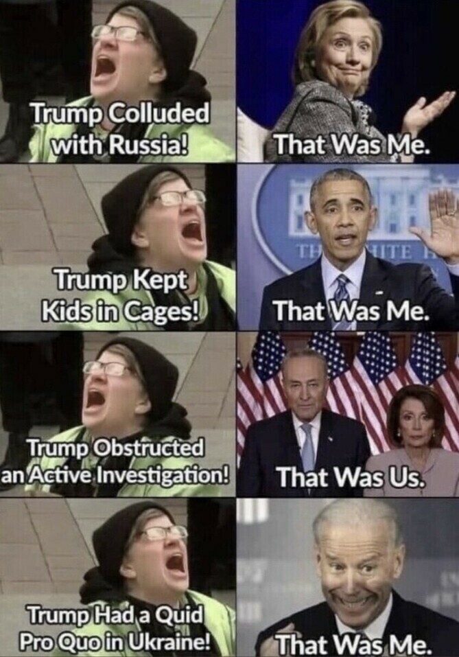 Meme featuring a person in a beanie and glasses shouting various accusations against Trump, with side-by-side images of different politicians admitting responsibility. Text on the left includes "Trump Colluded with Russia!", "Trump Kept Kids in Cages!", "Trump Obstructed an Active Investigation!", and "Trump Had a Quid Pro Quo in Ukraine!" Text on the right from different politicians responds with "That was Me/Us."