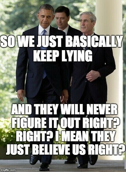 Three men in suits walking, with large bold text overlaid saying: "SO WE JUST BASICALLY KEEP LYING AND THEY WILL NEVER FIGURE IT OUT RIGHT? RIGHT? I MEAN THEY JUST BELIEVE US RIGHT?"