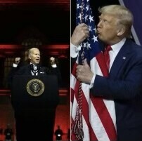 Two separate images of prominent political figures: on the left, a man standing at a podium with the presidential seal, with fists raised and a grand building illuminated in red behind him; on the right, a man hugging and kissing an American flag, dressed in a blue suit with a red tie.