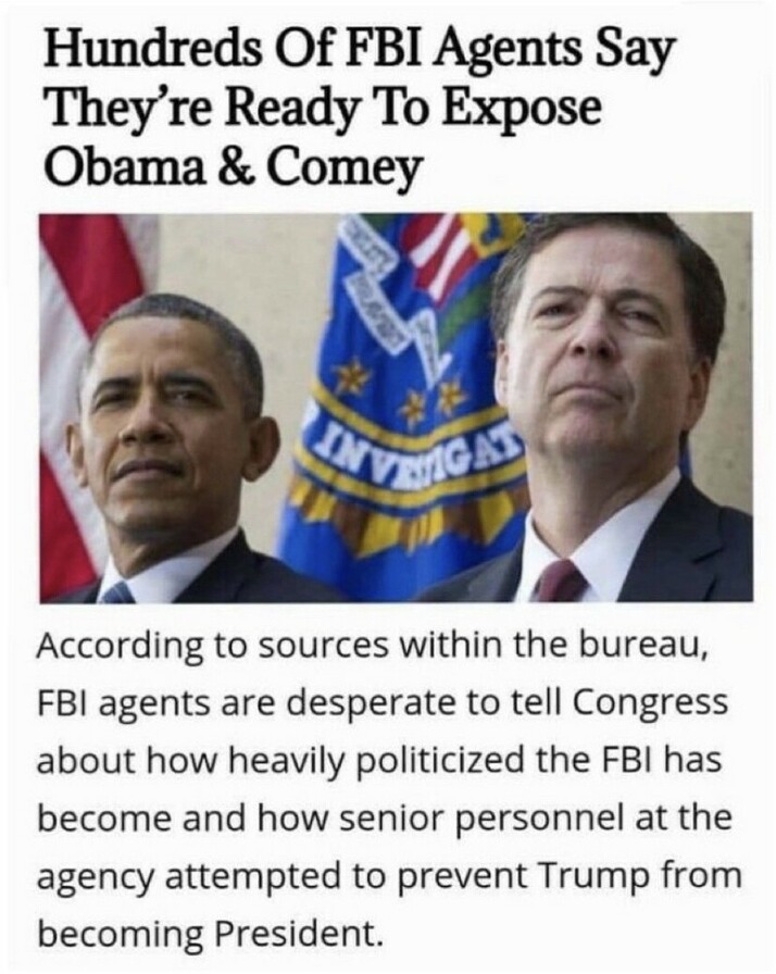 Image depicts a headline and subheading accusing Barack Obama and James Comey of politicizing the FBI. The headline reads, "Hundreds Of FBI Agents Say They’re Ready To Expose Obama & Comey." Below the headline, a subheading claims FBI agents want to tell Congress about the politicization of the FBI and attempts to prevent Donald Trump from becoming President. The image includes photos of Barack Obama and James Comey in the background.