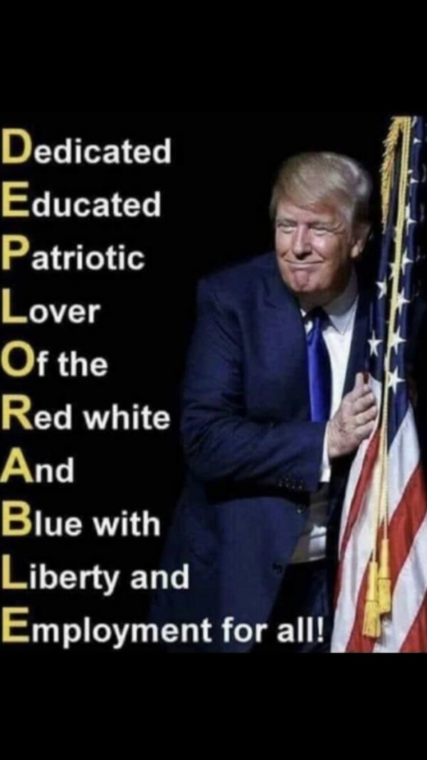 Donald Trump hugging an American flag with the word "DEPLORABLE" vertically spelled out and each letter representing: Dedicated, Educated, Patriotic, Lover of the Red white And Blue with Liberty and Employment for all!