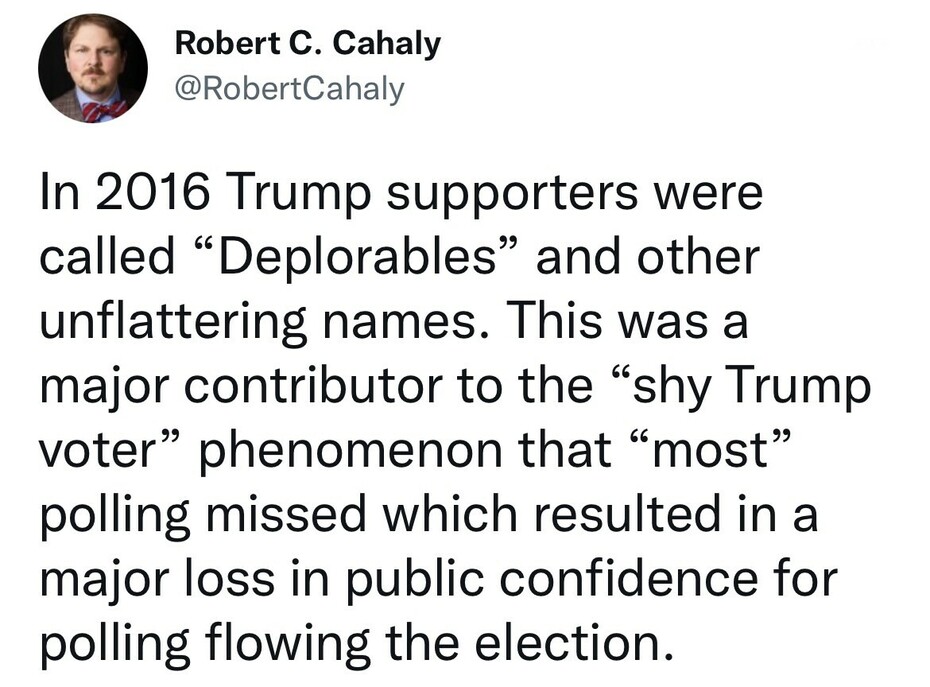 Tweet from Robert C. Cahaly @RobertCahaly discussing how Trump supporters being called "Deplorables" in 2016 contributed to the "shy Trump voter" phenomenon, leading to inaccurate polling results and a loss in public confidence in polling.