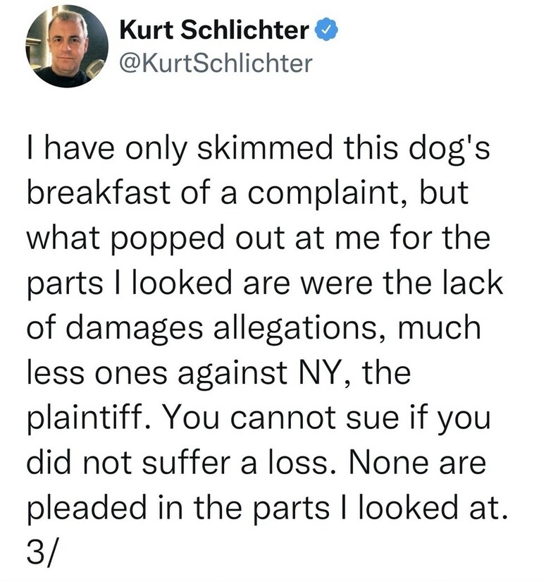 Tweet from Kurt Schlichter addressing a complaint, highlighting a lack of damages allegations and stating, “You cannot sue if you did not suffer a loss.” Profile picture of Kurt Schlichter with a verified account badge.
