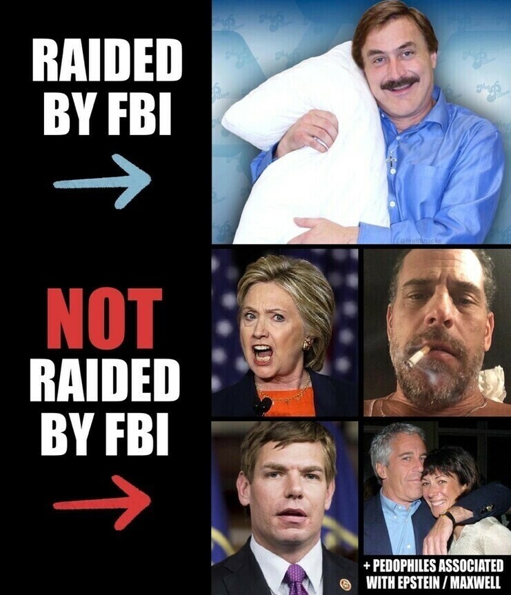 Text contrasting individuals with a label dividing them into "Raided by FBI" and "Not Raided by FBI." The image includes a man holding a pillow under "Raided by FBI," and various individuals, including a woman speaking, a man holding a cigarette, another man in a suit, and a couple, labeled as "Not Raided by FBI." The text also references pedophiles associated with Epstein/Maxwell.