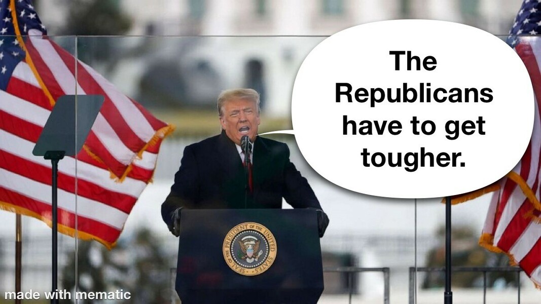 A man speaking at a podium with the Presidential seal, flanked by American flags. The speech bubble says, "The Republicans have to get tougher."