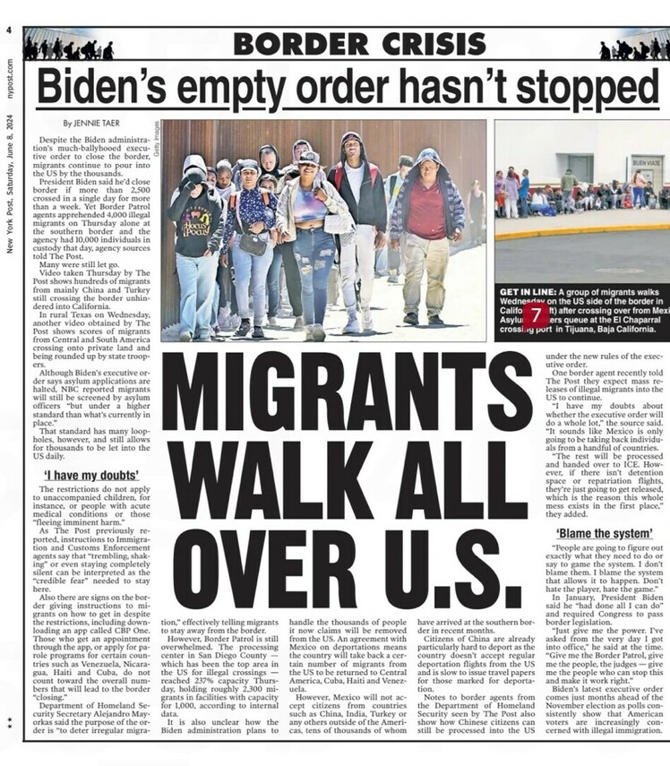 Newspaper clipping headlined "Biden’s empty order hasn’t stopped" and "MIGRANTS WALK ALL OVER U.S." Features an image of a group of migrants at the border. Also includes smaller images depicting migrants waiting in line. The article discusses the ongoing situation at the U.S. border despite executive orders, focusing on the influx of migrants and issues related to asylum applications and border patrol logistics.