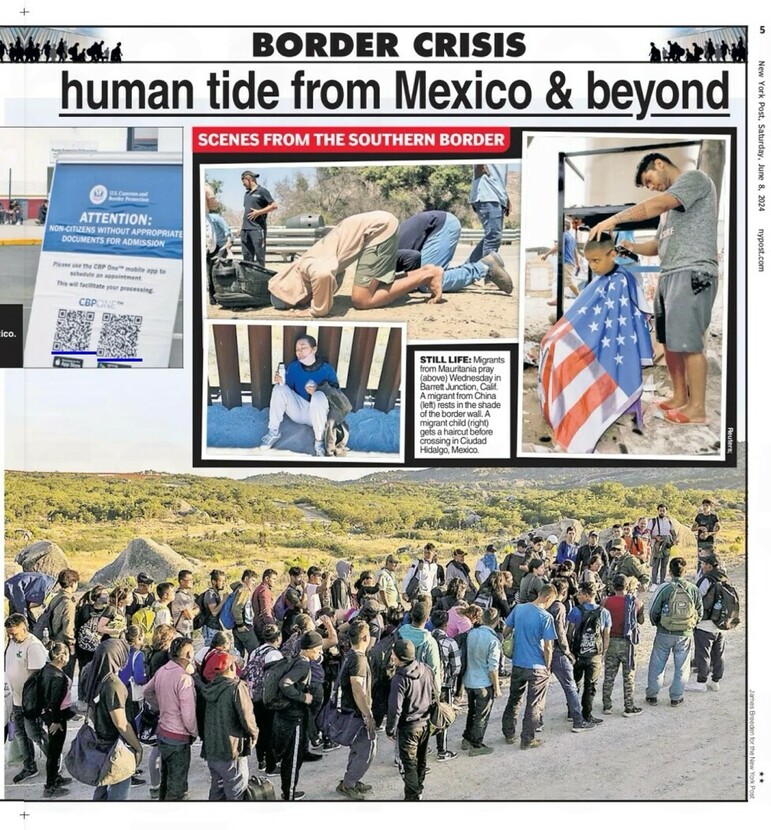 "Border crisis: human tide from Mexico & beyond. Scenes from the southern border showing migrants from various countries on their journey. An informational sign from U.S. Customs and Border Protection advising non-citizens about admission documents; migrants from Mauritania praying in Barret Junction, California; a migrant from China resting in the shade near the border wall; a child getting a haircut before crossing in Ciudad Hidalgo, Mexico; a large group of migrants gathered outdoors, presumably at the border."