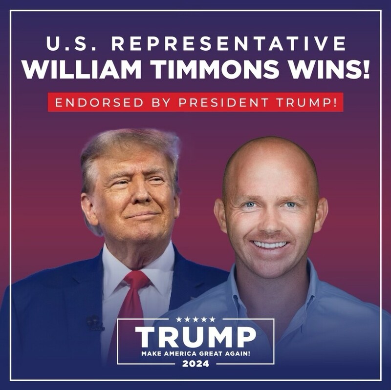 U.S. Representative William Timmons wins, endorsed by President Trump, with a purple gradient background displaying both men and the text "Trump Make America Great Again 2024" at the bottom.