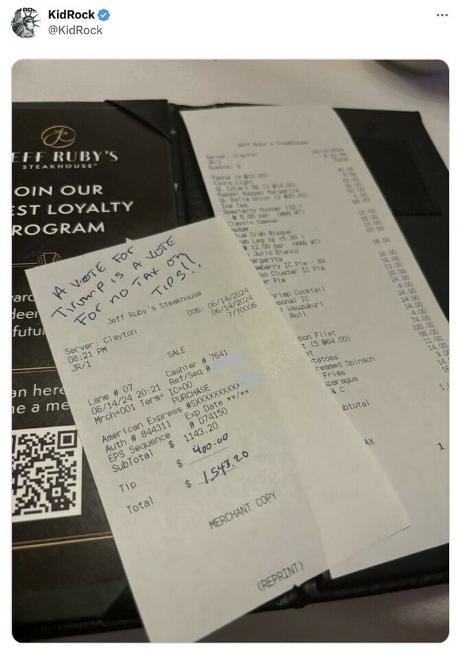 Receipt from Jeff Ruby's Steakhouse with a handwritten note saying, "A VOTE FOR TRUMP IS A VOTE FOR NO TAXES!!" alongside a restaurant bill totaling $543.20 including a $400 tip. The tweet is posted from a verified account with the username @KidRock.