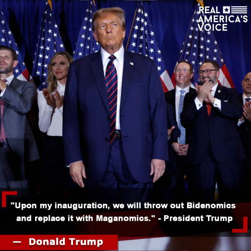 Donald Trump standing in front of American flags, surrounded by applauding supporters. Caption reads, "Upon my inauguration, we will throw out Bidenomics and replace it with Maganomics." - President Trump. The image is branded with the "Real America’s Voice" logo.