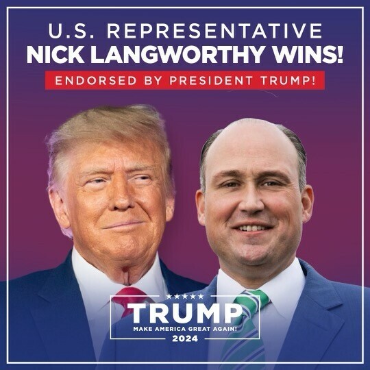U.S. Representative Nick Langworthy wins, endorsed by President Trump. Image features Trump 2024 campaign logo and slogan "Make America Great Again!" on a purple background with images of Donald Trump and Nick Langworthy.