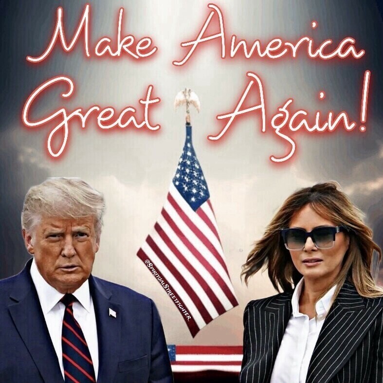 "Make America Great Again" slogan above two individuals, with an American flag in the background.