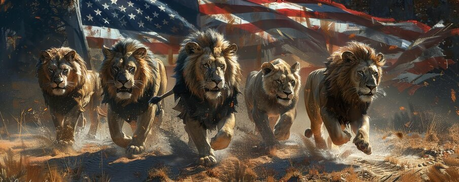 Five lions running towards the viewer with a large, tattered American flag in the background. The scene is dynamic and filled with motion, with dust and debris kicked up around the lions. The lions appear strong and determined, set against a dramatic, patriotic backdrop.