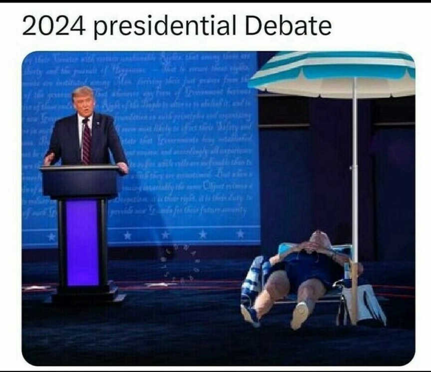 A man in a suit stands behind a podium labeled "2024 presidential Debate," speaking, while another man lies on a beach chair under an umbrella nearby, appearing to relax and taking a nap.