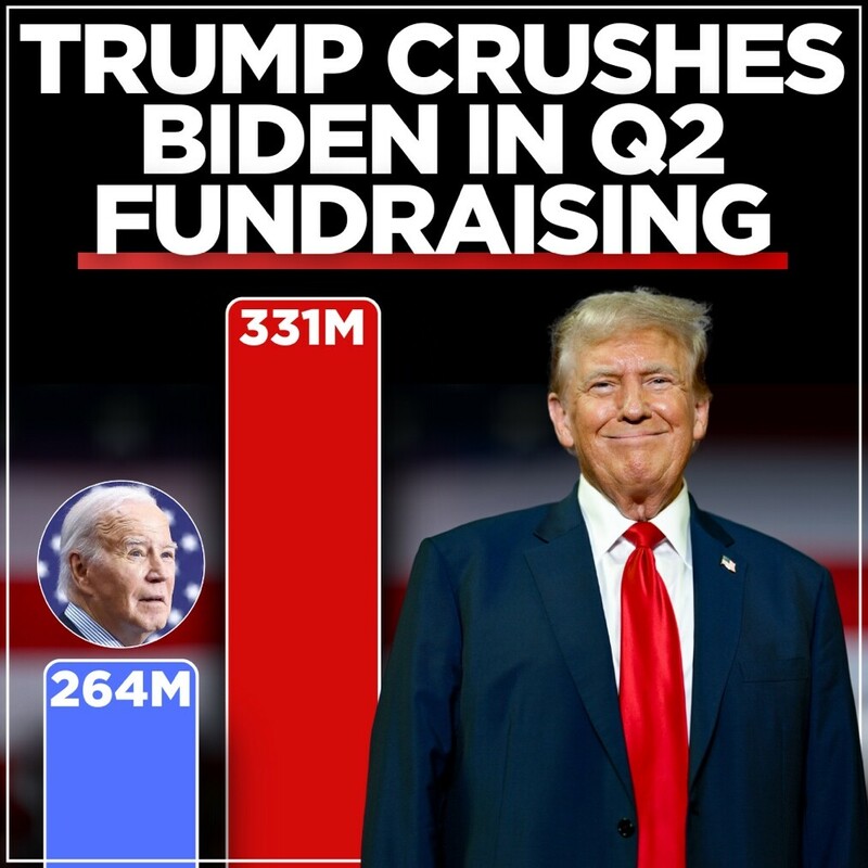 "Trump crushes Biden in Q2 fundraising" headline with a bar graph showing Trump raising $331M compared to Biden's $264M. Trump is pictured smiling in a suit with a red tie on the right, and an image of Biden appears on the left side within the graph.