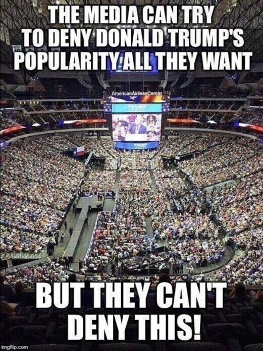 Large crowd inside the American Airlines Center for a Donald Trump event, with text reading "The media can try to deny Donald Trump's popularity all they want, but they can't deny this!"