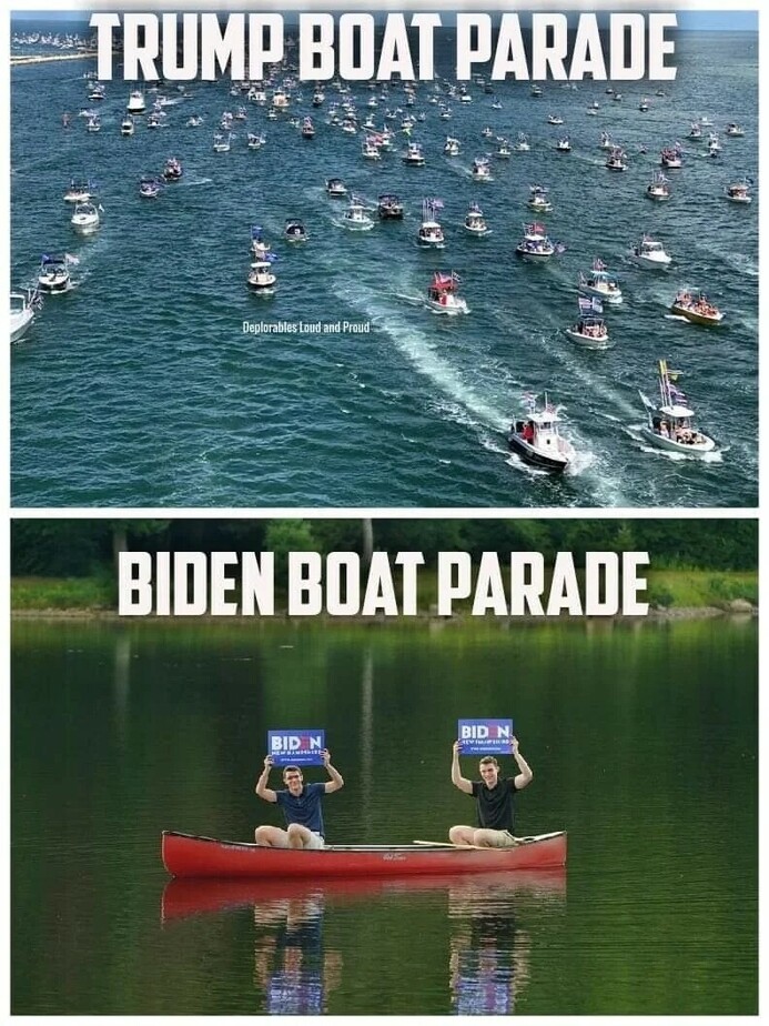 Top half of the image shows a large gathering of boats with "TRUMP BOAT PARADE" text, with boats flying U.S. flags and banners. Bottom half shows two individuals in a canoe holding Biden campaign signs with "BIDEN BOAT PARADE" text.