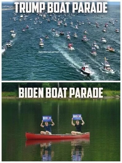 A split image contrasting two boat parades: the "Trump Boat Parade" on the top featuring a large number of boats flying Trump flags on open water, and the "Biden Boat Parade" on the bottom showing two individuals in a single canoe holding Biden signs.