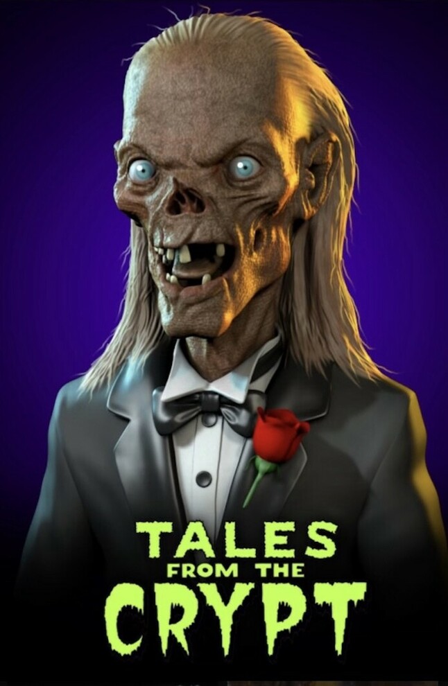 "Animated ghoul character in a tuxedo with a red rose, featuring the text 'Tales from the Crypt' in neon green letters against a dark purple background."