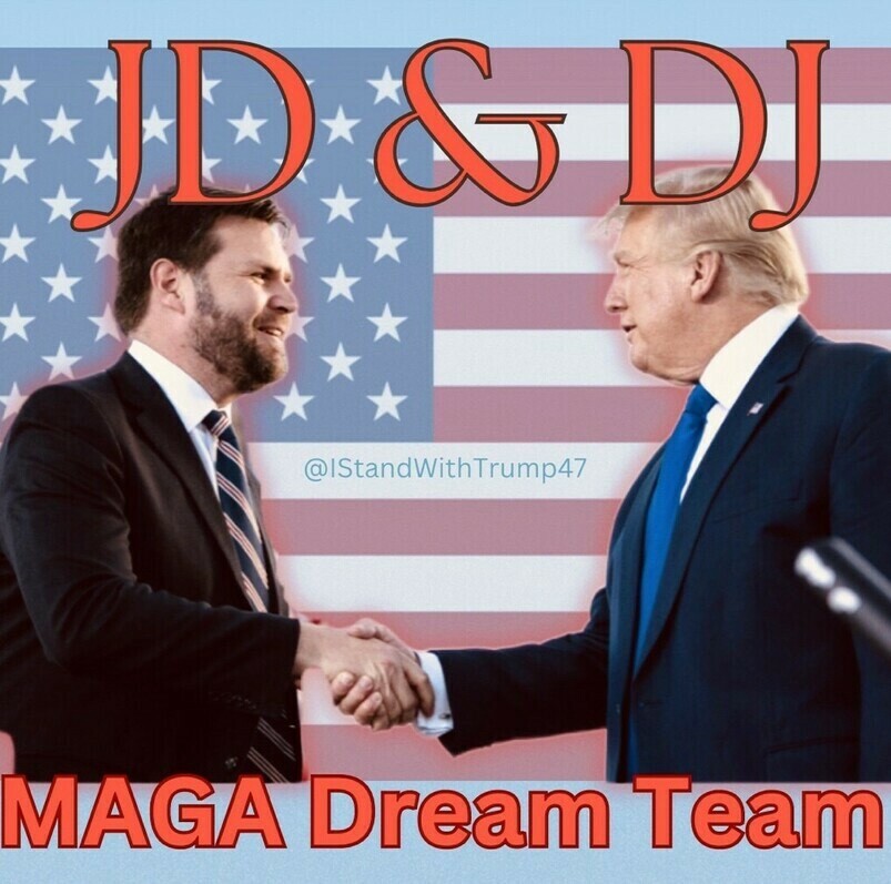 JD and DJ shaking hands with an American flag backdrop, text overlay reading "MAGA Dream Team" and "@IStandWithTrump47" in the background.