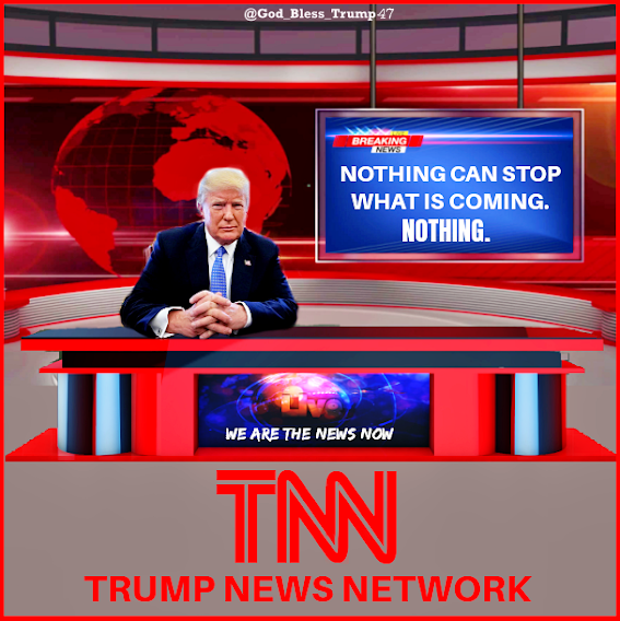 A man sitting behind a news desk with "TRUMP NEWS NETWORK" and "TNN" logos, with large screens in the background displaying "BREAKING NEWS" and the message "NOTHING CAN STOP WHAT IS COMING. NOTHING." The scene is set in a modern studio with a red and blue color scheme and a world map graphic.