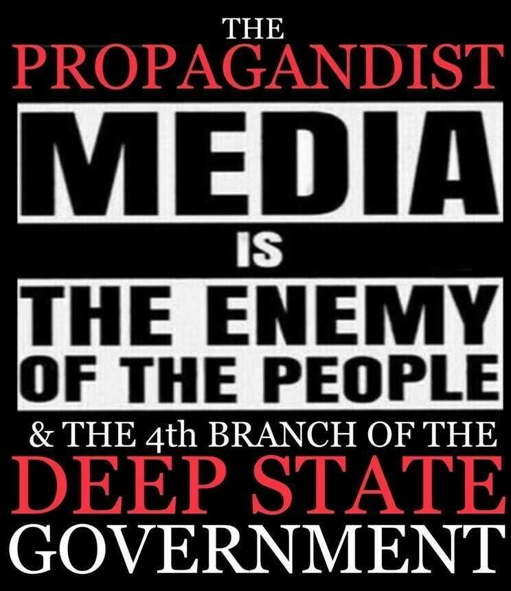 Text reads: "The propagandist media is the enemy of the people & the 4th branch of the deep state government" in bold, contrasting black, white, and red colors.