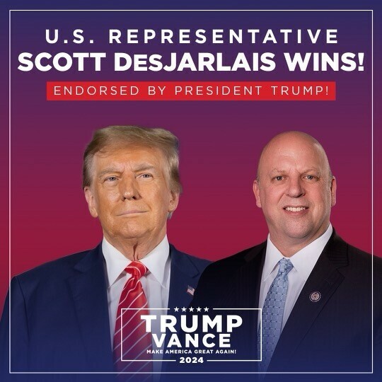 U.S. Representative Scott DesJarlais wins, endorsed by President Trump. Trump Vance 2024 campaign slogan "Make America Great Again!" with images of Scott DesJarlais and President Trump.