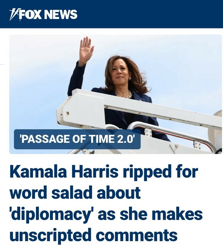 Kamala Harris waving while boarding an aircraft, with a Fox News headline reading "'Passage of Time 2.0'; Kamala Harris ripped for word salad about 'diplomacy' as she makes unscripted comments."
