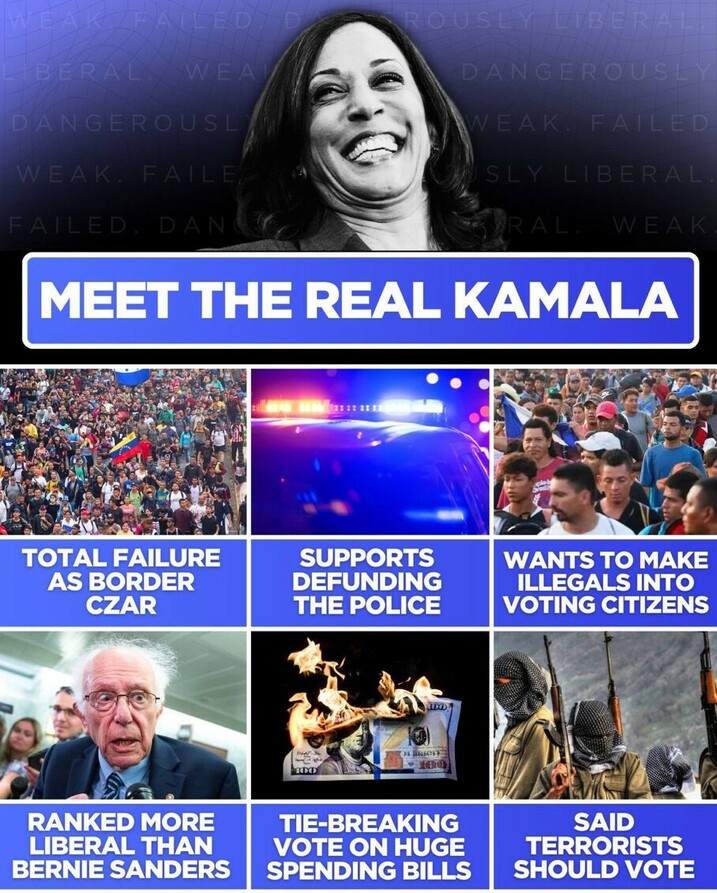 Image collage with a prominent smiling woman at the top, labeled "Meet the Real Kamala." Below are six boxes with images and text: 
1) Crowd of people labeled "Total Failure as Border Czar."
2) Police car lights labeled "Supports Defunding the Police."
3) Large group of migrants labeled "Wants to Make Illegals into Voting Citizens."
4) Older man with glasses labeled "Ranked More Liberal Than Bernie Sanders."
5) Burning currency labeled "Tie-Breaking Vote on Huge Spending Bills."
6) Armed individuals labeled "Said Terrorists Should Vote."