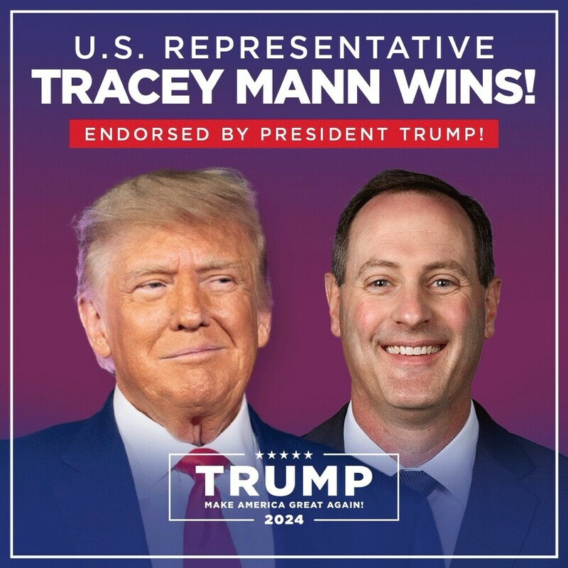 U.S. Representative Tracey Mann wins. Endorsed by President Trump. Image shows two men in suits with the text "Trump Make America Great Again! 2024."