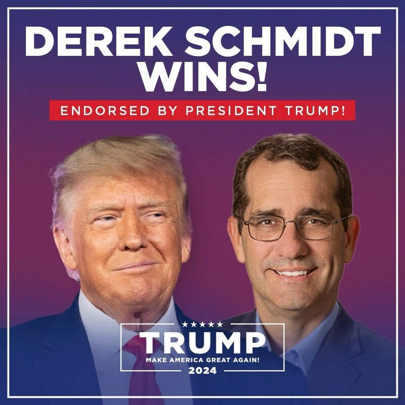 "Derek Schmidt Wins! Endorsed by President Trump! Trump Make America Great Again! 2024" is displayed on a promotional graphic featuring pictures of Derek Schmidt and Donald Trump against a purple gradient background.