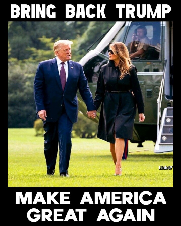 Photo of a man in a navy suit and a woman in a black dress holding hands and walking on a lawn, with a helicopter in the background. Image has text at the top saying "BRING BACK TRUMP" and text at the bottom saying "MAKE AMERICA GREAT AGAIN".