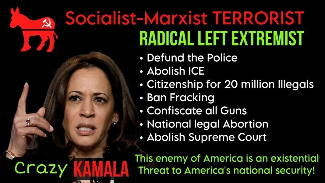 Kamala Harris depicted with text labeling her a "Socialist-Marxist Terrorist" and "Radical Left Extremist." A red and green list of policies attributed to her includes "Defund the Police," "Abolish ICE," "Citizenship for 20 million Illegals," "Ban Fracking," "Confiscate all Guns," "National legal Abortion," and "Abolish Supreme Court." Additional text: "Crazy Kamala" and "This enemy of America is an existential Threat to America's national security!" Socialist Donkey icon with a hammer and sickle symbol in the top left corner.