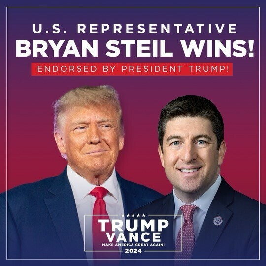 U.S. Representative Bryan Steil wins, endorsed by President Trump, with the text "Trump Vance Make America Great Again! 2024" at the bottom against a purple gradient background.
