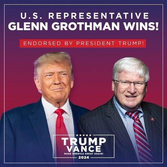 U.S. Representative Glenn Grothman wins, endorsed by President Trump. Image shows Donald Trump standing next to Glenn Grothman. The text at the bottom reads "Trump Vance Make America Great Again! 2024".