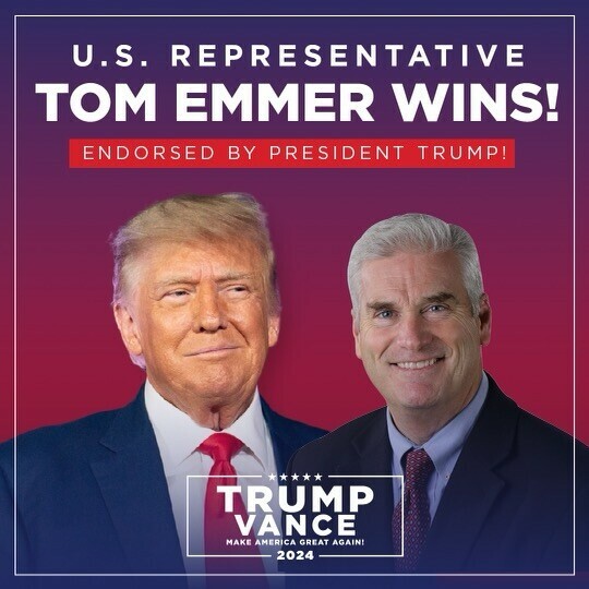 U.S. Representative Tom Emmer wins, endorsed by President Trump. Features text "TRUMP VANCE 2024 Make America Great Again!" on a red and blue background.